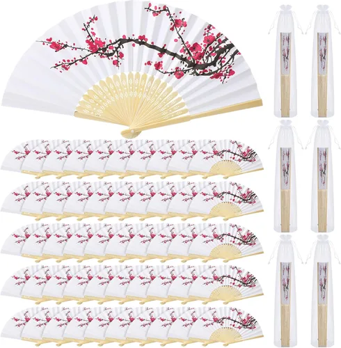 Roowest 50 abanicos de papel de mano de cerezo en flor de cerezo, kit de recuerdos de chinoiserie, abanicos de mano plegables chinos japoneses retro