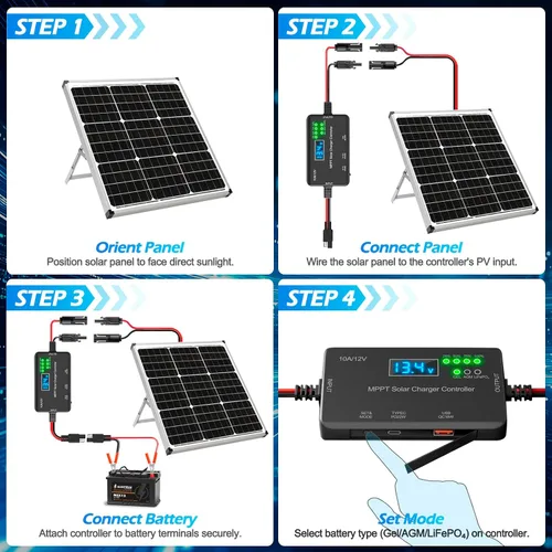 Miniatura 7 de Controlador de carga solar MPPT de 10 A, 12 V, 30 V máximo COV 22 W tipo C y 18 W USB de carga rápida LCD, protección múltiple Controlador