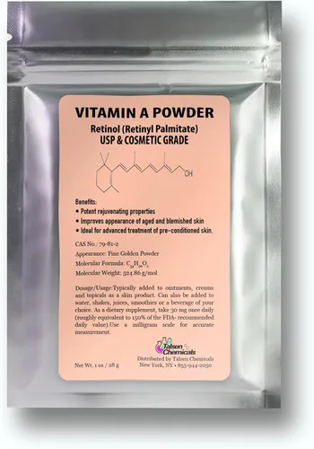 Palmitato de retinilo en polvo de vitamina A, retinol puro en polvo, vitamina soluble en agua, vitamina A USP y grado cosmético (1 onza). / 0.99 oz)