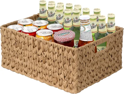 Cesta de mimbre grande para organización, rectangular a prueba de humedad, cesta de almacenamiento de mimbre grande de plástico para estante con