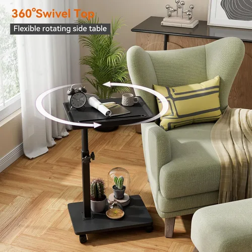 Miniatura 3 de IBUYKE Mesa auxiliar en forma de C ajustable en altura, mesa giratoria de 360° con ruedas, mesa auxiliar para espacios pequeños, sala de estar
