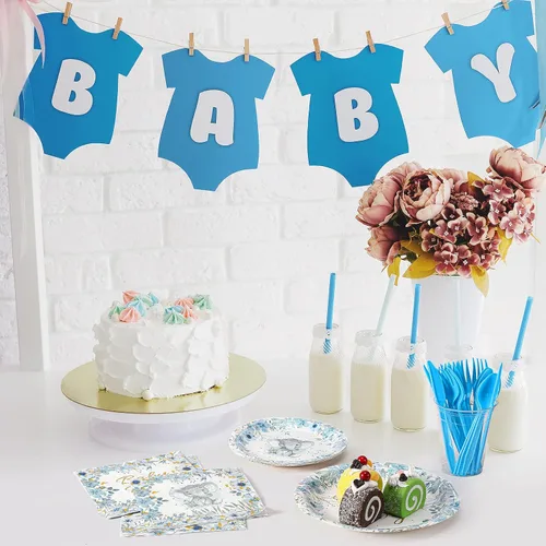 Miniatura 7 de Bokon Juego de 300 platos de elefante para baby shower, para 50 vajillas, incluye platos, servilletas, tenedores, cucharas, cuchillos, elefante