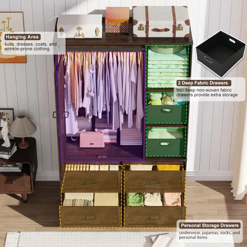 Miniatura 5 de Armario rústico de 3 puertas con puerta corrediza plegable de granero y luces, armario LED con cajones para dormitorio, armario de madera Marrón