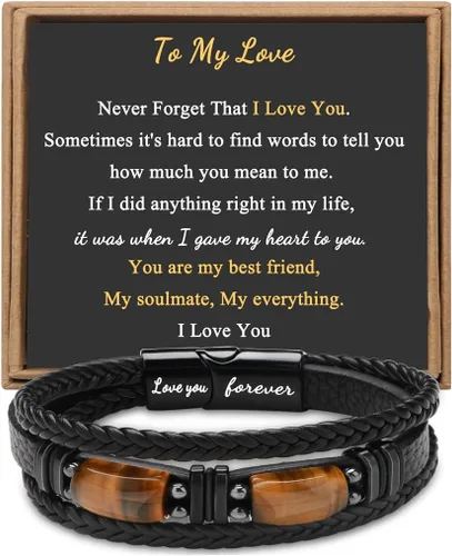 Miniatura 12 de Regalos únicos para hombres, pulsera de cuero para hombres, papá, novio, hijo, nieto, hermano, te amo para siempre, piedra ojo de tigre, día