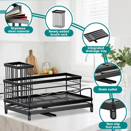 Miniatura 4 de Soporte de esponja para cocina, organizador de fregadero con soporte alto para cepillos y bandeja de drenaje rápido, boquilla giratoria de 360°