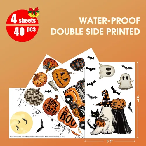 Miniatura 4 de Horaldaily 40 calcomanías de Halloween para ventana, Jack-O-Lantern, calabaza, camión, gnomo, fantasma, murciélagos, gatos, suministros de fiesta