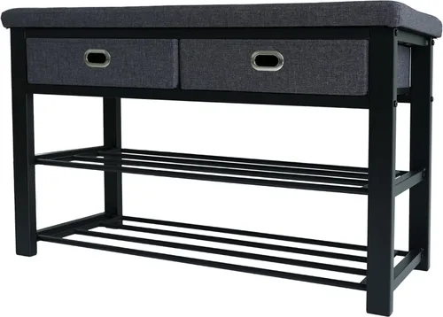 Miniatura 9 de Finnhomy Zapatero de entrada con asiento acolchado, banco de zapatos para entrada, banco de almacenamiento de 2 estantes con parte superior de cuero
