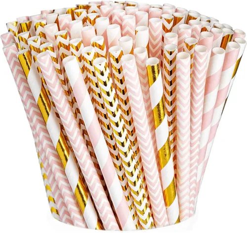 Miniatura 8 de GUSTO Paquete de 200 popotes de papel a rayas, resistentes y no se empañan, 100% biodegradables, tinta apta para alimentos y varias capas para un