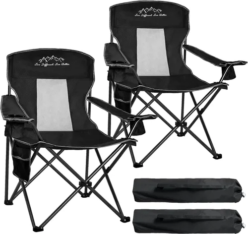 Paquete de 2 sillas plegables de camping con respaldo alto, cómodas sillas grandes para exteriores para adultos, capacidad de 400 libras, silla