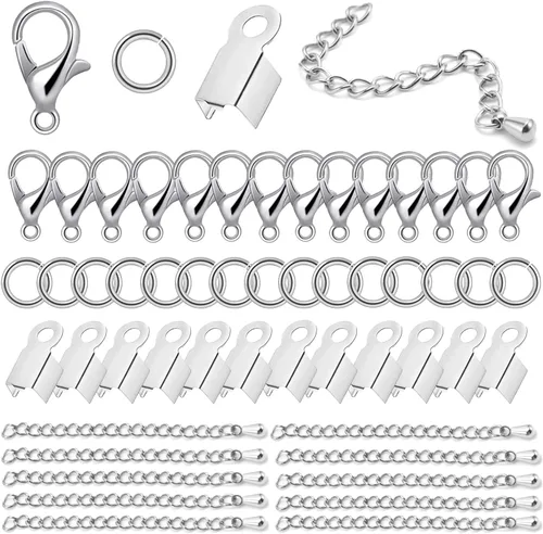 Juego de 580 piezas de accesorios para fabricación de joyas, incluye 250 conectores de anillo de salto abiertos, 250 tapas de extremo de cable Plata