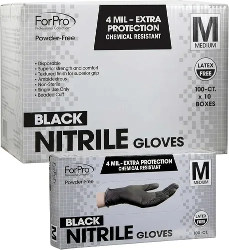 ForPro - Guantes desechables de nitrilo, resistentes a productos químicos, sin polvo, sin látex, no estériles, seguros para alimentos, 4 mil Negro
