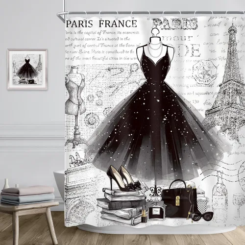 Miniatura 3 de Riyidecor Cortina de ducha negra de moda de 60 pulgadas de ancho x 72 pulgadas de alto, vestido femenino blanco y negro, torre Eiffel, perfume