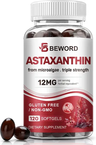 Miniatura 7 de BEWORD Astaxantina 12 mg con aceite MCT, 60/120 cápsulas blandas, suministro para 2 meses Suplementos antioxidantes premium Microalgas