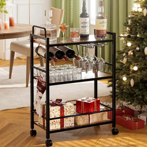 Miniatura 9 de Carrito de bar, carrito de servir para el hogar, carrito de microondas, carrito de bebidas, estante de cocina móvil con estante para vino y soporte