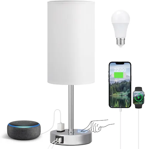 Miniatura 34 de Fenmzee Juego de lámparas de mesa pequeñas táctiles regulables de 2 a 3 vías, carga USB A + C, salida de CA, base de grano de madera, bombillas