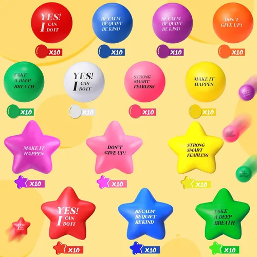 Miniatura 3 de Jerify 140 bolas de estrés a granel para adultos, espuma colorida, estrella motivacional, bola de estrés, juguete de regalo con citas inspiradoras