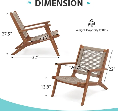 Miniatura 6 de Verano Garden Juego de 2 sillas de patio, sillón moderno de madera de acacia con cuerda tejida a mano para patio, sala de estar, dormitorio, balcón