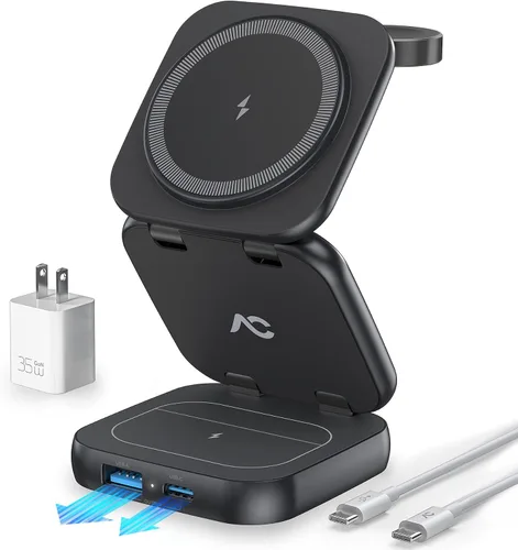 Cargador inalámbrico 5 en 1 para MagSafe, estación de carga portátil de viaje AC ISLAND de 35 W, soporte magnético plegable rápido Qi2.2,