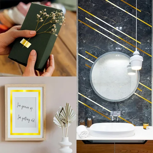 Miniatura 5 de Cinta metálica dorada de 110 yardas, cinta gráfica brillante resistente al agua y a los desgarros, envoltura de espejo metálico, extraíble sin
