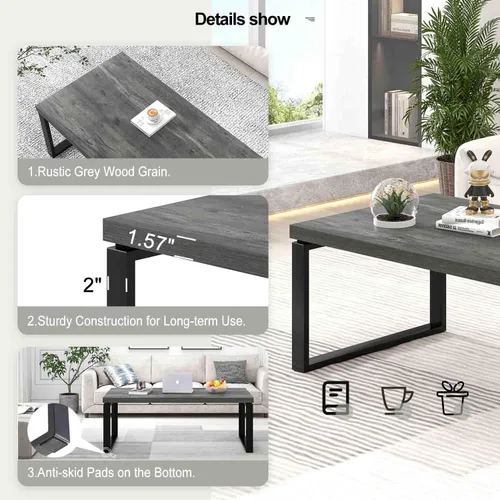 Miniatura 5 de EXCEFUR Mesa auxiliar moderna, mesa central de madera rústica y metal para sala de estar, mesa de té rectangular industrial para oficina en casa