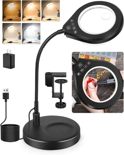 Lupa flexible de cuello de cisne 2 en 1 con luz y soporte, lámpara de aumento de lente de vidrio real de 10x y 5x, lámpara de escritorio LED sin