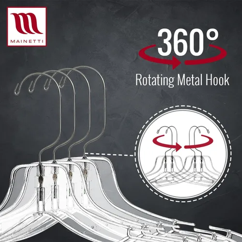 Miniatura 4 de Mainetti 5400SCR - Perchas de plástico transparente, paquete de 100 con gancho de metal giratorio de 360 y muescas para correas, ideal para camisas