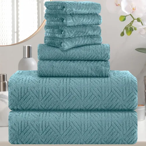 CHINO Juego de 8 toallas de baño turquesa, 2 toallas grandes/2 toallas de mano/4 toallitas, toalla de baño grande de 600 GSM, toalla de secado