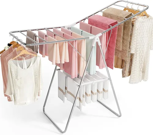 Miniatura 9 de APEXCHASER Estante de Secado de Ropa, Estante de Secado de Acero Inoxidable para Ropa con Altura Ajustable, Plegable, Secador de Ropa de Ala de Azul