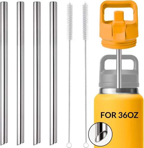 4 piezas de pajitas de metal de repuesto para botella de agua YETI Rambler Jr., pajitas de repuesto reutilizables de acero inoxidable con 2 cepillos