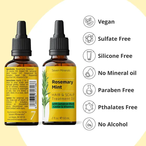 Miniatura 6 de Seven Minerals, Aceite de romero para el crecimiento del cabello, infundido con aceite de ricino negro jamaicano, vitamina E, menta y aceites