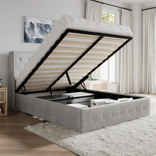 Miniatura 15 de SHA CERLIN Base de cama tamaño queen con almacenamiento elevado, cabecero abatible con botón, plataforma tapizada, almacenamiento hidráulico, Beige