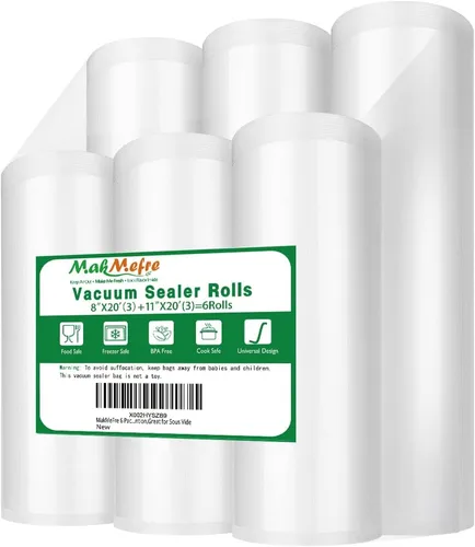 MakMeFre Paquete de 6 bolsas selladoras al vacío de 8 x 20 pies (3 rollos) y 11 x 20 pies (3 rollos) para alimentos, grado comercial, sin BPA,