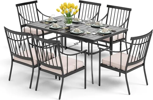 Miniatura 18 de PHI VILLA Juego de comedor al aire libre de 7 piezas con cojín, mesa de comedor rectangular de metal de 60 pulgadas con agujero para sombrilla y 6