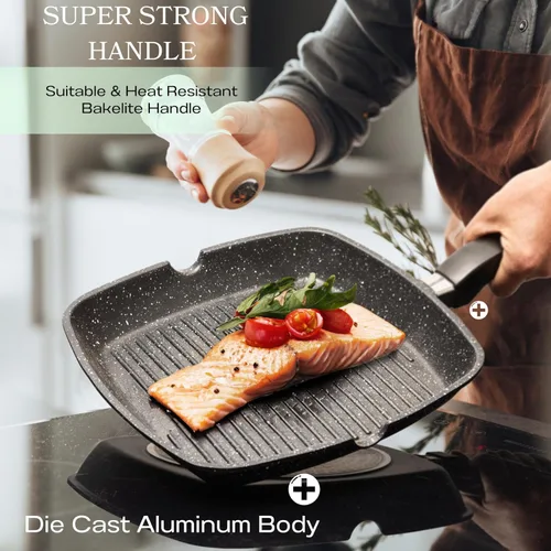 Miniatura 5 de Moss & Stone Sartén Parrilla Antiadherente de Aluminio para Estufas, Sartén Parrilla Versátil con Picos Vertedores, Sartén Parrilla Cuadrada de 11
