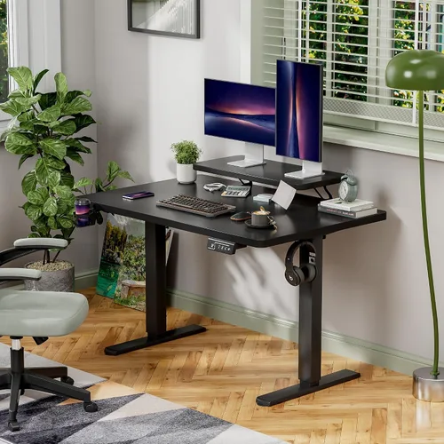Miniatura 4 de Shahoo Escritorio eléctrico de pie con estante para monitor, mesa de esquina ajustable de altura de 47 x 24 pulgadas, estación de trabajo para Blanco