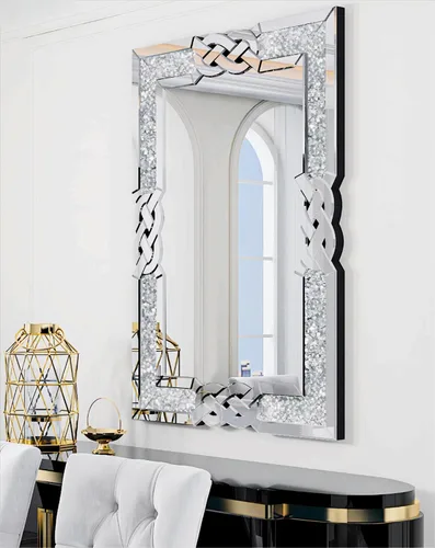 Miniatura 10 de Espejo de diamante triturado plateado: decoración rectangular de pared 35.4 x 23.6 pulgadas Espejo decorativo de lujo con espejo de cristal