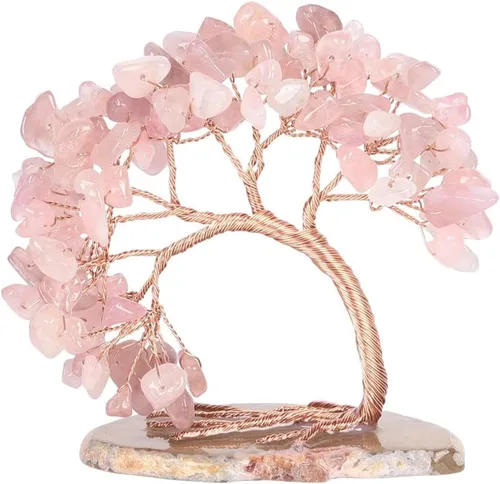 Árbol de dinero de cristal hecho a mano en ágata rebanada árbol de la vida, bonsái decoración de la oficina en el hogar, cumpleaños, cuarzo rosa