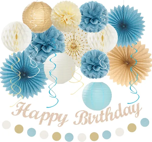 Miniatura 13 de Paquete de decoración de fiesta de cumpleaños para mujeres y hombres - 21 piezas. Banner feliz, papel de banderines, linternas de panal, pompones
