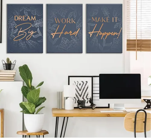 Miniatura 3 de 3 piezas de lienzo inspirador de oro azul para oficina, arte de pared, inspirador motivacional positivo, pinturas botánicas, cuadros de decoración