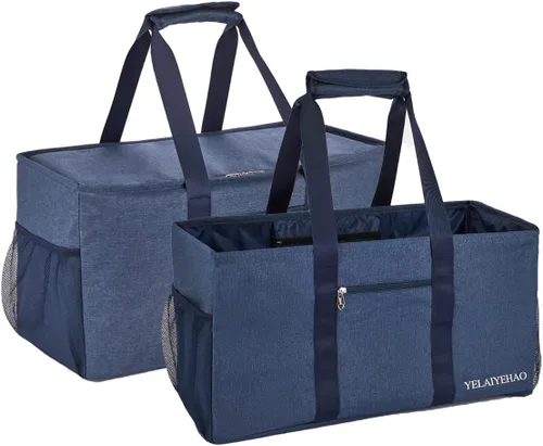 YELAIYEHAO 2 bolsas de mano grandes para uso general, bolsa de asas plegable plegable Azul oscuro