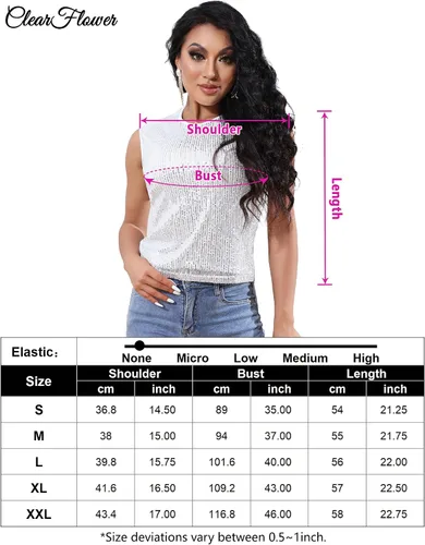Miniatura 6 de ClearFlower Camisetas de lentejuelas para mujer, cuello redondo, sin mangas, brillante, sexy, camiseta corta sin mangas, ropa de club, camisola