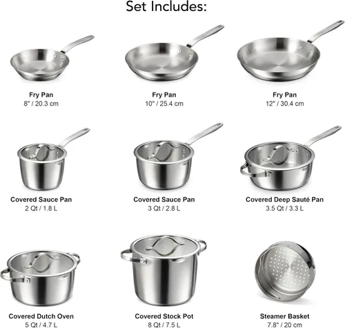 Miniatura 3 de Tramontina Tempo – Juego de 14 piezas de utensilios de cocina de acero inoxidable con base de tres capas con tapas de vidrio, juego de ollas