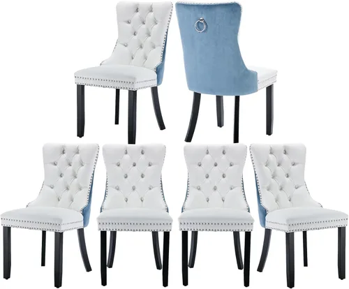 Miniatura 81 de Juego de 2 sillas de comedor de terciopelo, silla de comedor tapizada de alta gama con tirador de anillo en la espalda, adorno de clavos y patas