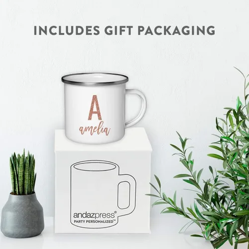Miniatura 4 de Andaz Press Taza de metal personalizada de 11 onzas para campamento, monograma de purpurina de oro rosa sintético, letra inicial personalizada