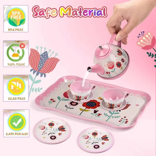 Miniatura 3 de Lajeje Juego de té de simulación para niñas pequeñas de 3 a 8 años, 19 piezas de juguetes de cocina con temática de flores para niños pequeños