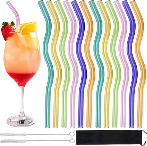Miniatura 8 de Paquete de 10 popotes de vidrio rosa reutilizables, 8 pulgadas, resistentes a los golpes, batidos y bebidas frías, con 2 cepillos de limpieza, aptos