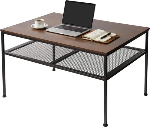 Miniatura 10 de SENIG Mesa de café pequeña rectangular marrón de madera y metal con estante de almacenamiento para salas de estar pequeñas