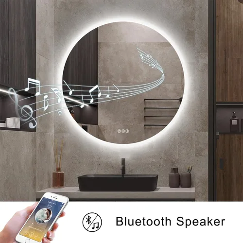 Miniatura 6 de S·BAGNO - Espejo de baño redondo de 32 luces con marco acrílico, espejo de baño LED de tocador montado en la pared, atenuación, cambio