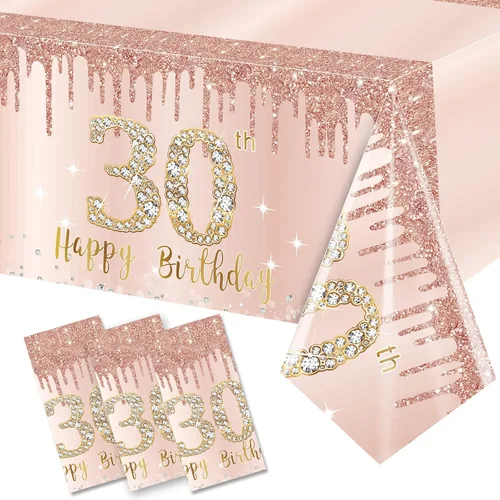 Miniatura 14 de Excelloon Paquete de 3 Manteles de Cumpleaños 50, Mantel de Cumpleaños Feliz de Rosa Púrpura y Oro Rosa, Mantel Desechable de Plástico Rectangular