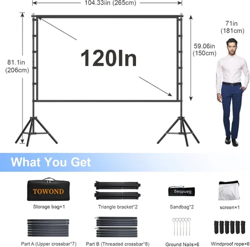 Miniatura 3 de TOWOND - Pantalla de proyector para exteriores con soporte, pantalla de cine portátil de 120 pulgadas, pantalla de proyección plegable HD 16:9